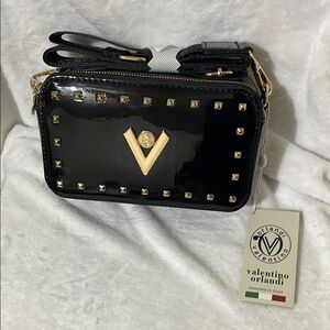 Valentino Orlandi Black Crossbody Bag with Gold Studs